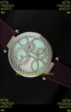 Cartier Replica Watch with Diamonds Embedded Dial Bezel in Steel Case/Maroon Strap