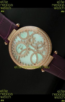 Cartier Replica Watch with Diamonds Embedded Dial Bezel in Gold Case/Maroon Strap