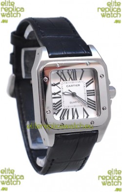 Cartier Santos 100 Japanese Ladies Replica Watch in Black Leather Strap