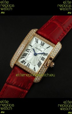 Cartier Louis Japanese Replica Ladies Rose Gold Diamond Watch in Red Strap