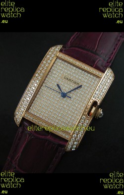 Cartier Tank Anglaise Ladies Replica Watch in Gold Case/Maroon Strap