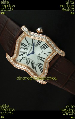 Cartier Tank Folle Ladies Replica Watch in Yellow Gold Case/Brown Strap