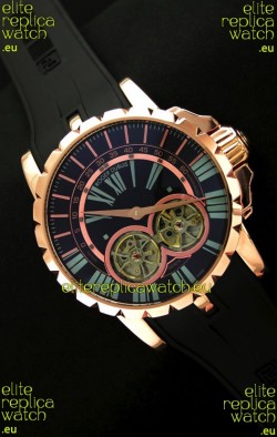 Roger Dubuis Chronoexcel Japanese Replica Automatic Rose Gold Watch in Blue Dial