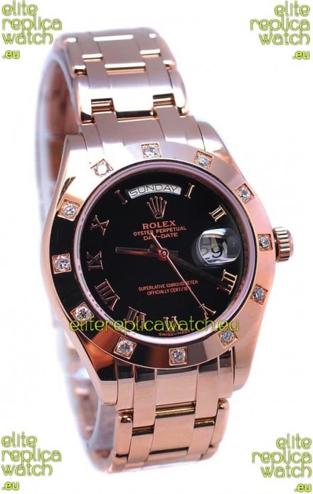Rolex Day Date Rose Gold Swiss Replica Watch in Diamond Bezel