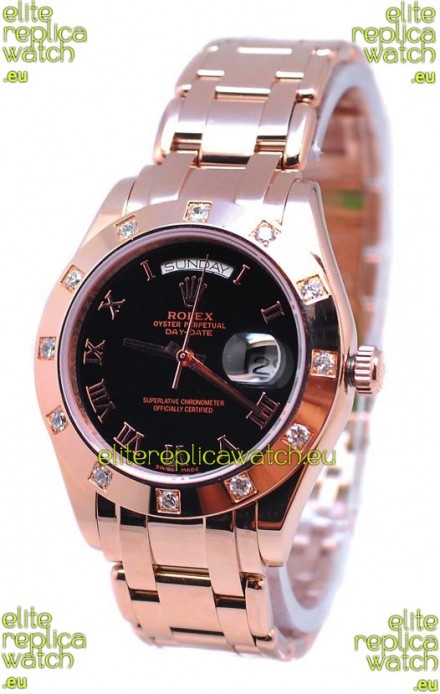 Rolex Day Date Rose Gold Swiss Replica Watch in Black Dial