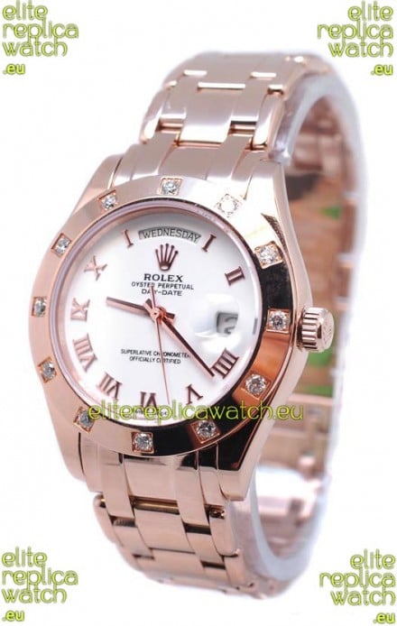 Rolex Day Date Rose Gold Swiss Replica Watch in Diamond Bezel