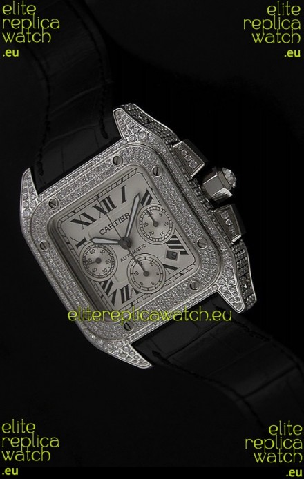 Cartier Santos Swiss Replica Watch with Diamonds Embedded Casing