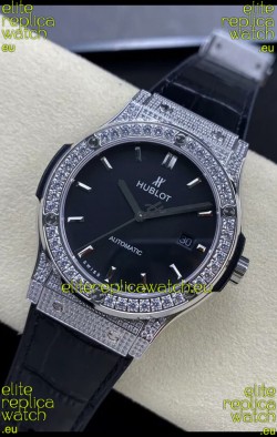 Hublot Classic Fusion Stainless Steel Diamonds Black Dial Swiss Replica Watch 1:1 Mirror Quality