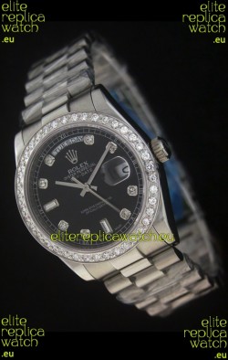 Rolex Day Date Just swiss Replica Black Watch in Full Diamond Bezel