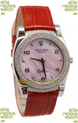 Rolex Cellini Cestello Ladies Swiss Watch Pink Pearl Face Diamonds Bezel and Lugs