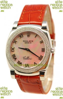 Rolex Cellini Cestello Ladies Swiss Watch Beige Pearl Roman Face Diamonds Bezel

