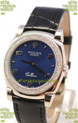 Rolex Cellini Cestello Ladies Swiss Watch in Dark Blue Face Diamonds Bezel 