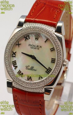 Rolex Cellini Cestello Ladies Swiss Watch in White Pearl Face Diamonds Bezel and Lugs